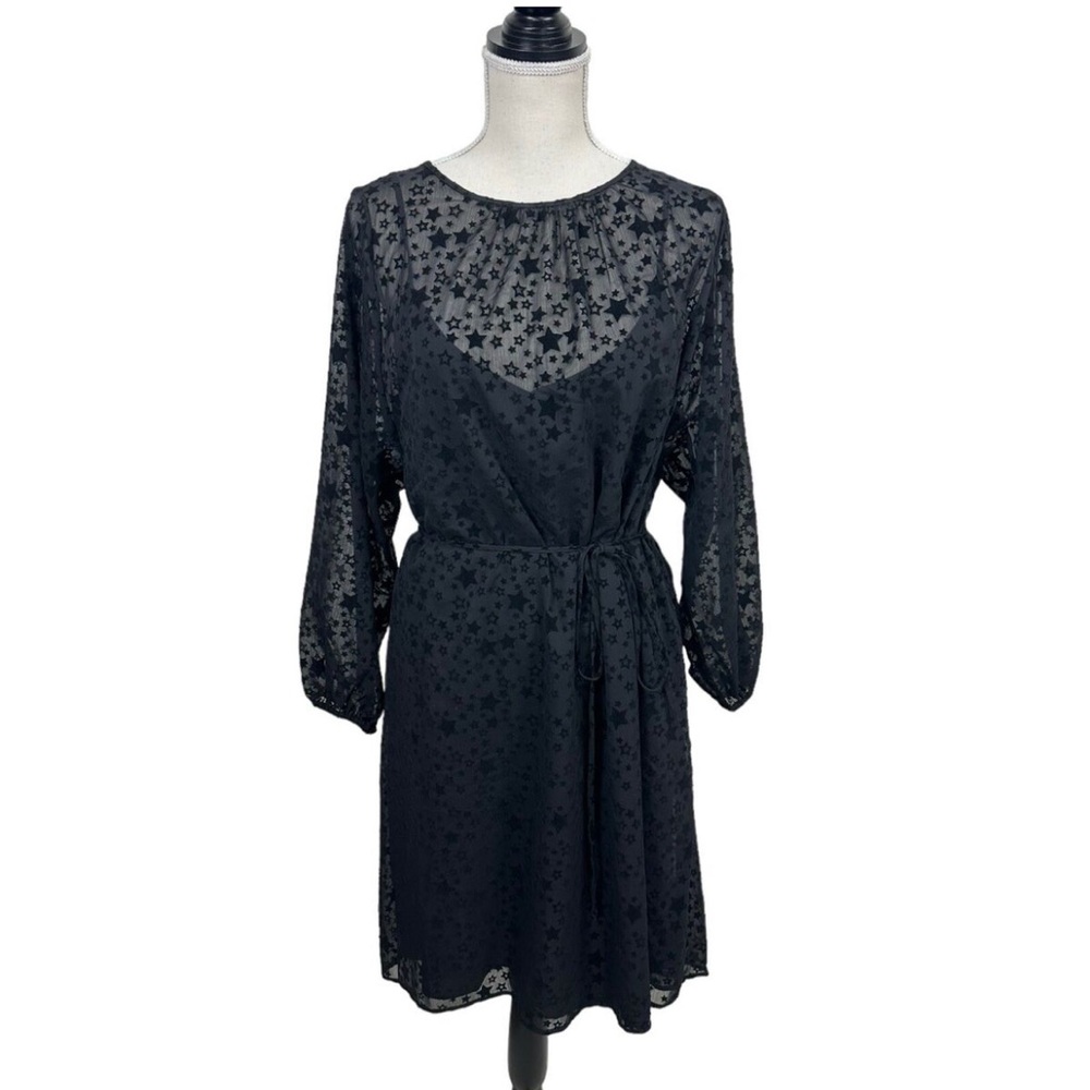 Loft. Size Medium. Black semi-sheer, star overlay dress.
